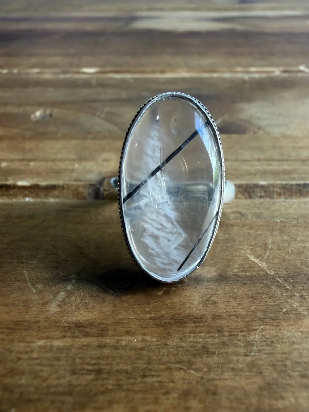 Rutilated Quartz Stone Crystal Gemstone Ring Size 9 Silver 925 Plated Vintage